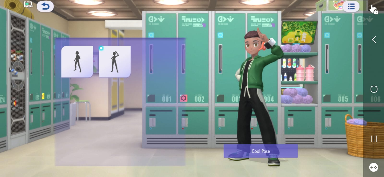 a screenshot of a Pokémon Champions player avatar. The screenshot shows the player character in a locker room environment. The avatar is a masculine looking, brown skinned teen with brown hair and eyes, a green sweatshirt, black tank top and sweatpants and dark green shoes. He is doing a cool pose, in which one of his hands is at his hips while the other has two finds touching the side of his head in a salute to the viewer