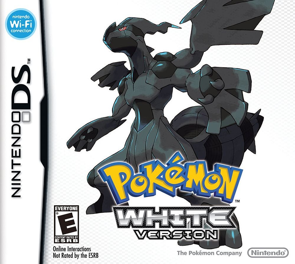 The Pokémon White Box Art, featuring Zekrom, an imposing, black dragon standing in front of a white void and the game's title on the lower center of the box