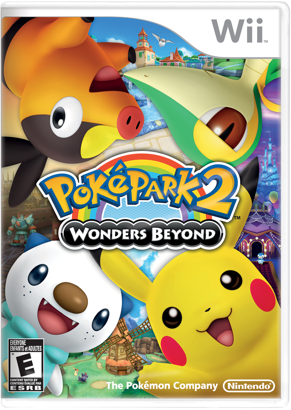 The PokéPark 2 Box Art, featuring, at the upper half, upside down, Tepig on the upper left and Snivy on the upper right and, at the lower half, Oshawott on the lower left and Pikachu on the lower right. The background behind them shows various different places in the game, while the title logo stands at the center.