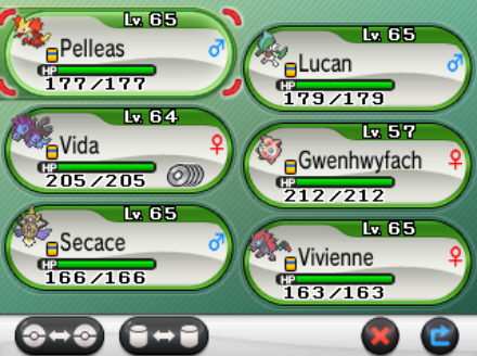 A Pokémon X team featuring, from left to right, row by row, Pelleas the level 65 Delphox, Lucan the level 65 Gallade, Vida the level 64 Hydreigon, Gwenhyfach the level 57 Jigglypuff, Secace the level 65 Aegislash and Vivienne the level 65 Zoroark