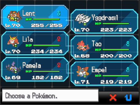 a screenshot of a Pokémon Black Team, showcasing, from left to right, row by row, Lent the level 70 Emboar, Yggdrasil the Level 70 Reshiram, Lila the level 70 Darmanitan, Tao the level 68 Simisear, Pamela the level 69 Chandelure and Empel the level 71 Volcarona