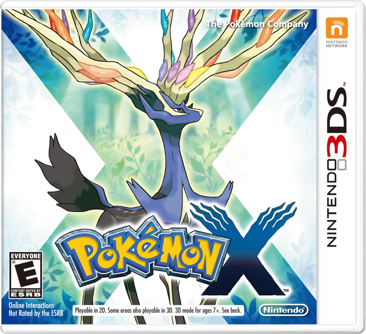 The boxart of Pokémon X, featuring Xerneas, a blue, deer with X-shaped horns standing majestically in front of a white background with a blue x in it