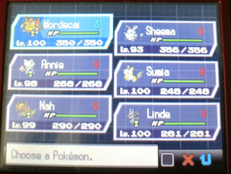 screenshot of a Pokémon White 2 Team, showcasing, from left to right, row by row, Mordecai the level 70 Emboar, Sheema the level 93 Azumarill, Annie the level 98 Roserade, Sumia the level 100 Emolga, Nah the level 99 Haxorus and Linde the level 100 LUcario