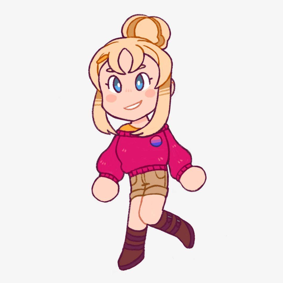 Fullbody Chibi of Zena Florine, a human Pokémon OC, made by okapiandpaste on tumblr. Zena is a blond, white girl with blue eyes that has her long hair tied up in a bun. She has a small open mouth smile. She is wearing a pink blouse with a yellow shirt underneath, beige cargo trousers and brown boots.