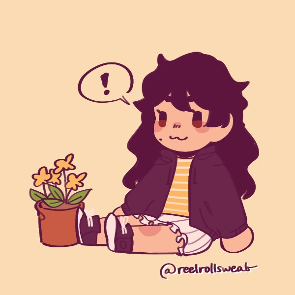 Chibi picrew of Medeia, an OC, sitting down. The Picrew is by @reelrollsweat. Medeia is a Brazilian-French woman, light skinned, with long, wavy black hair, brown eyes and a beauty mark. She is wearing a yellow and white striped shirt, a black jacket and a white skirt, alongside black sneakers. A potted plant with yellow flowers is next to her and she has an exclamation point speech balloon
